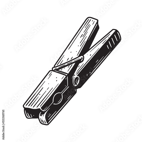 Detailed vintage art silhouette of a classic wooden clothes peg isolated on a white background