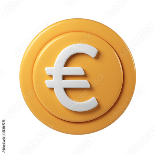 Golden 3d render icon financial coin spinning, metallic design gleaming, digital surface with transparent backdrop for euro graphic rendering