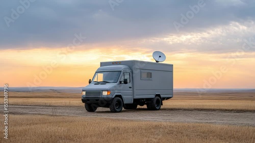 Mobile Communication Vehicle in Open Field: A solitary mobile communication vehicle, complete with a satellite dish, stands amidst a vast, open field, silhouetted against a colorful sunset.