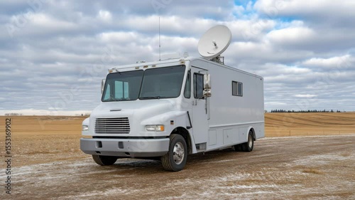 Mobile Broadcast Unit Ready for Action: A pristine mobile broadcast unit stands ready, its satellite dish pointed towards the sky, embodying the immediacy of news coverage in a rural field.