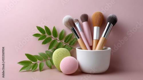 Pastel Makeup Brushes in White Holder with Green Leaves