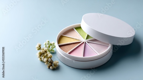 Pastel Makeup Palette with Floral Accents on Light Blue Background