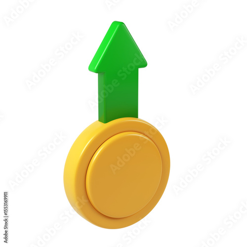 3d growth icon render cryptocurrency background rising with green upward arrow, symbolizing financial Gold and coin potential on transparent investment