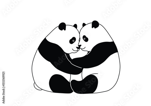 Panda love drawing. It is a black and white outline image of a panda love drawing, depicting two bears sharing an affectionate embrace. Vector sketch line art draw.