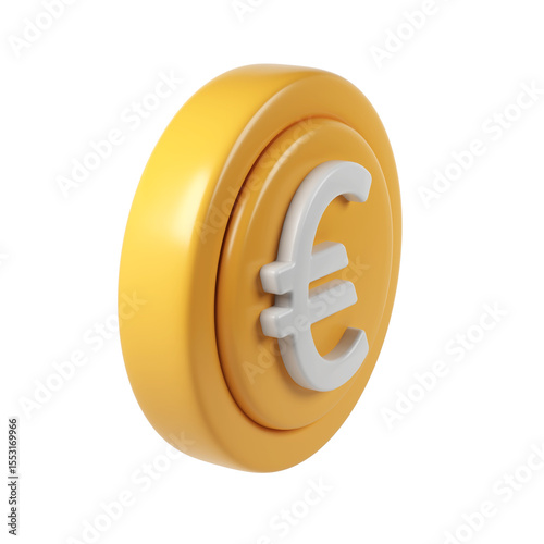 Golden 3d render icon financial coin spinning, metallic design gleaming, digital surface with transparent backdrop for euro graphic rendering