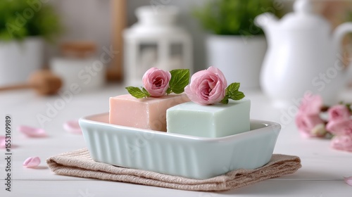 Pastel Pink and Green Rose Soap Bars in a Ceramic Dish