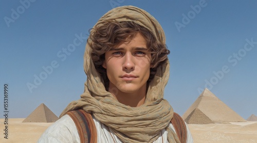 Selfie of biblical Joseph in ancient Egypt wearing traditional Egyptian attire, with pyramids and Giza plateau in the colorful background