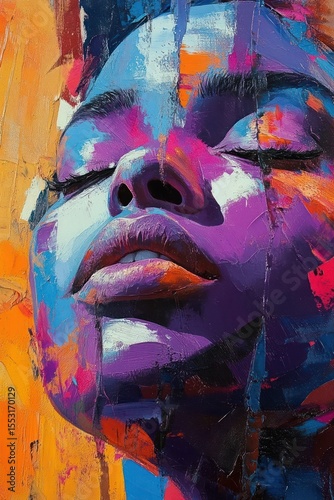 Close-up of a woman's face with eyes closed in vibrant purple, blue, orange, and pink textured abstract painting expressing calm and serenity