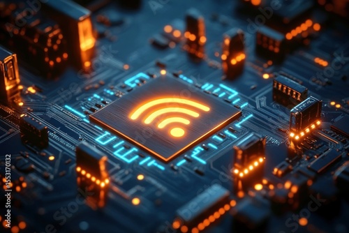 Close-up of a circuit board featuring a glowing orange wifi symbol on a central microchip surrounded by illuminated components and blue circuitry pathways