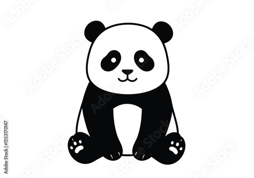 Chibi panda drawing. It is a black and white outline image of a chibi panda drawing, a cute, stylized bear in a sitting pose. Vector sketch line art draw.