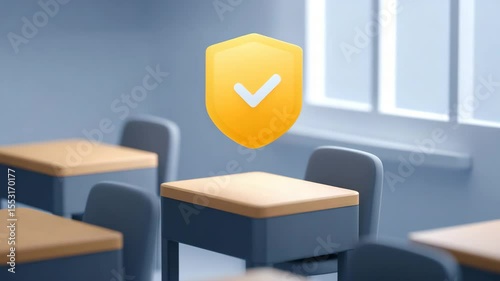 Safety First in Education: A 3D rendering of an empty classroom, where a golden shield with a check mark floats above student desks.