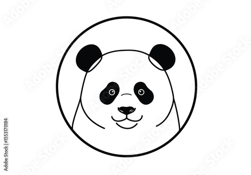 Circle panda drawing. It is a black and white outline image of a circle panda drawing, depicting a cute bear face framed within a perfect circle. Vector sketch line art draw.
