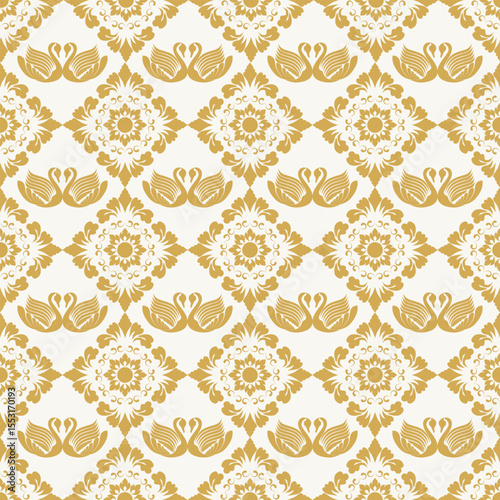 The ethnic abstract damask pattern is a combination of abstract swan shape and damask floral pattern, which gives a luxurious and delicate feeling, suitable for wallpaper, curtain, scarf.