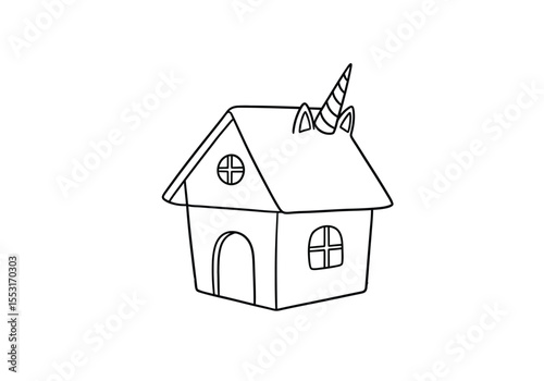 Unicorn house drawing. It is a black and white outline image of a unicorn house drawing, a whimsical home with a unicorn horn on its roof. Vector sketch line art draw.