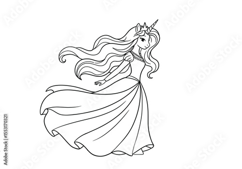 Unicorn princess drawing. It is a black and white outline image of a unicorn princess drawing, a regal girl with a horn and flowing hair. Vector sketch line art draw.