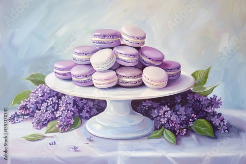 Lavender macarons are artfully stacked on a white cake stand with fresh lilacs arranged around, showcasing a soft and inviting atmosphere