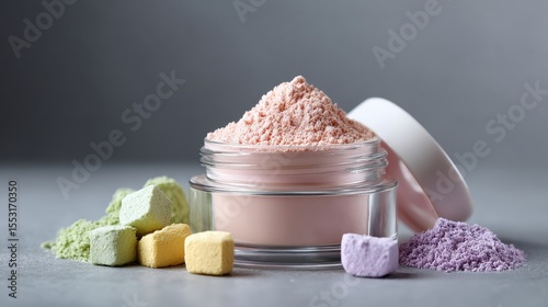 Pastel Powder and Cubes on Gray Background