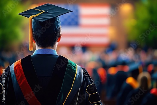Graduate in academic regalia with tassel facing an audience during an outdoor graduation ceremony with a blurred American flag in the background