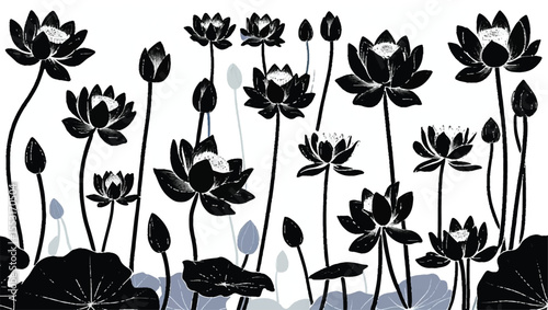 Vector black lotus icons set on white background. Lotus flower