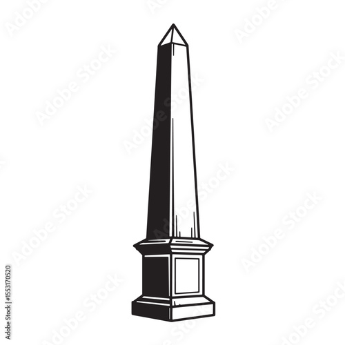 Elegant black and white vintage art silhouette of a classical obelisk isolated on a white background