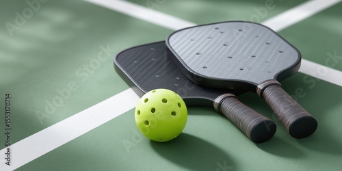 Pickleball Paddles and Ball on Green Court