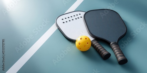 Pickleball Paddles and Ball on Teal Court
