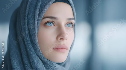 Serene Gaze: A portrait of a young woman with striking blue eyes, adorned in a hijab, conveying a sense of peace and contemplation.