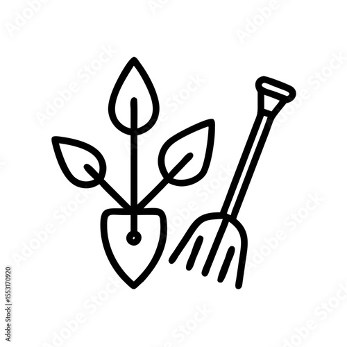 Garden tools with leaves, shovel and rake design in icon style with transparent background