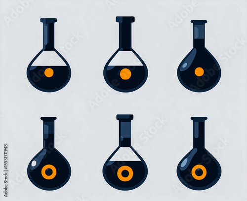 Chemistry flasks science experiment lab equipment black liquid orange dot vector illustration design