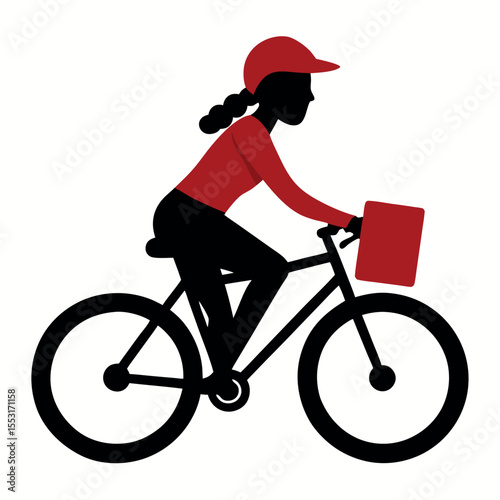 Vector art of a delivery person rides a bicycle with a red bag isolated on white background