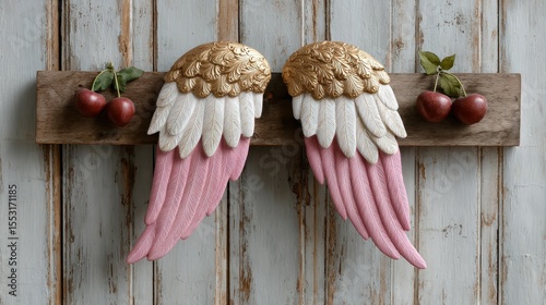 Pink and Gold Angel Wings with Cherries on Rustic Wood