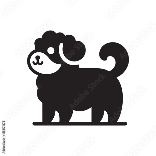 A stylized black silhouette of a fluffy dog, standing, viewed from the side.