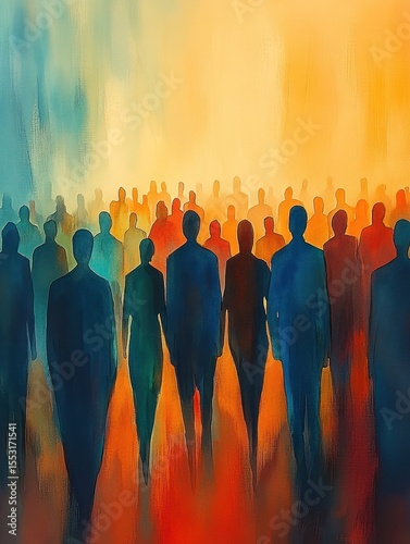 Abstract crowd of human silhouettes walking towards a glowing light with warm and cool tones creating a sense of unity and movement