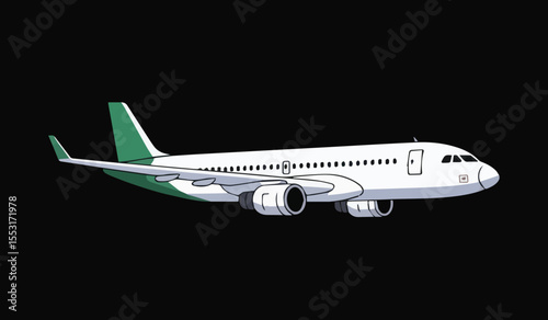Passenger airplane illustration: ideal for travel, aviation, transport, and global connection concepts.


