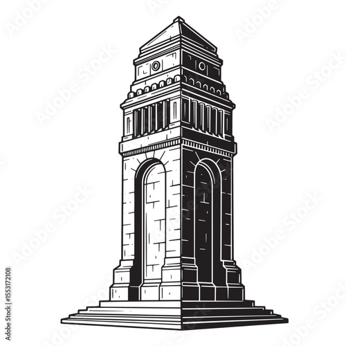 Intricate vintage art silhouette illustration of a classical stone tower design featuring architectural details