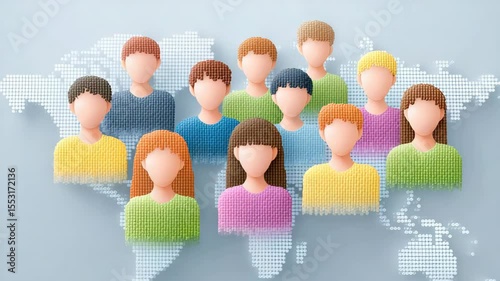 Global Community: A diverse group of individuals represented by colorful, textured avatars is positioned on a stylized world map, symbolizing global unity and connection.