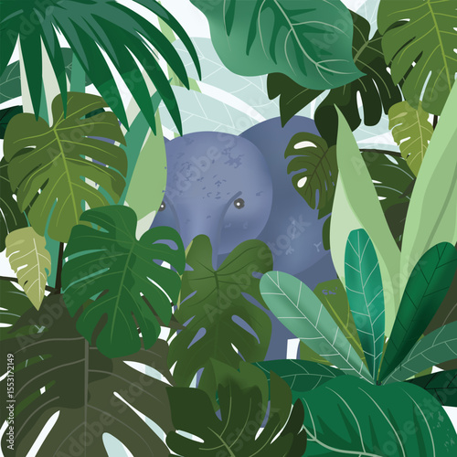 Big elephant in greenery tropical forest, illustration vector