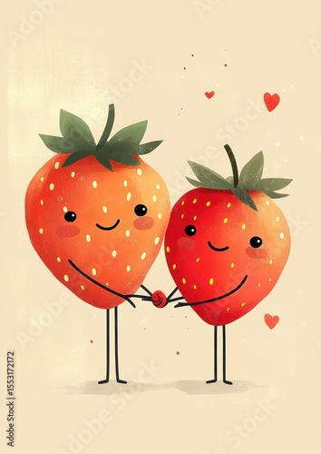 Two cute strawberries with smiling faces holding hands surrounded by small heart shapes expressing affection and happiness