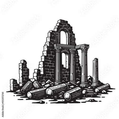 Vintage art silhouette depicting ancient ruins with collapsed columns and architectural elements in black and white