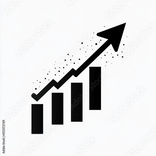 Black ascending bar chart with an upward trending arrow and scattered dots on a white background symbolizing growth and progress