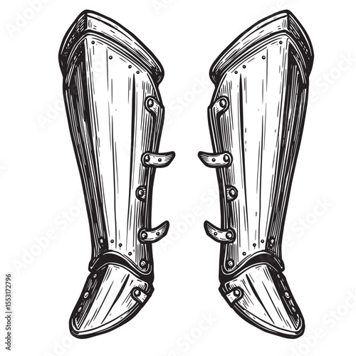 Vintage art silhouette depicting detailed engraved pair of medieval knight leg armor illustrations on white background