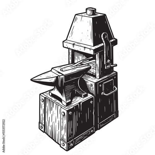 Vintage art silhouette of a blacksmith's anvil forge and tools in a detailed woodcut illustration