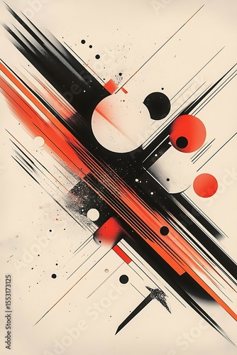 Sharp geometric shapes with diagonal lines and circles, warm and cool tones creating a dynamic flow 