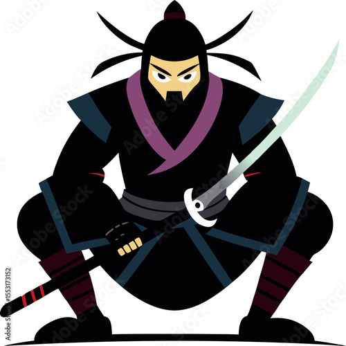 Vector art of a crouching ninja warrior holding a katana