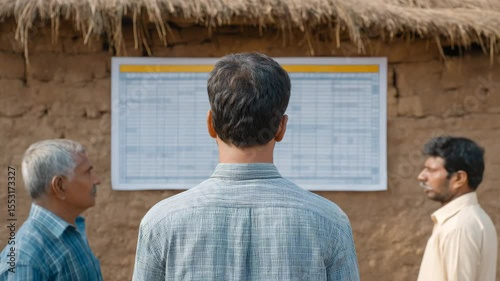 Consultation: Three men study an information board outdoors. capturing moment in time. showing decision and discussion.