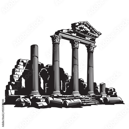 Vintage art silhouette of ancient roman temple ruins with iconic columns and architectural elements
