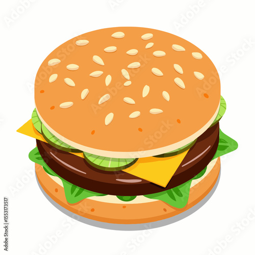 Classic hamburger with lettuce, cheese, and sesame seed bun  