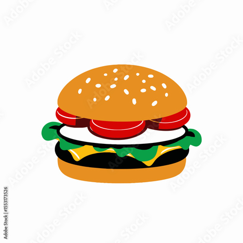 Classic hamburger with lettuce, cheese, tomatoes, and sesame bun  