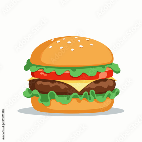 Classic hamburger with lettuce, tomato, and cheese on white background  