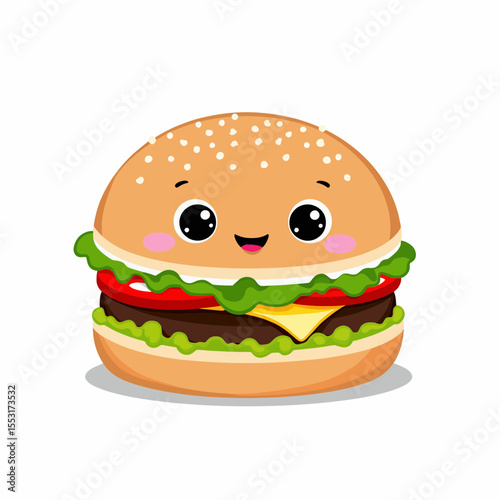 Happy cartoon hamburger with lettuce, cheese, and tomato  